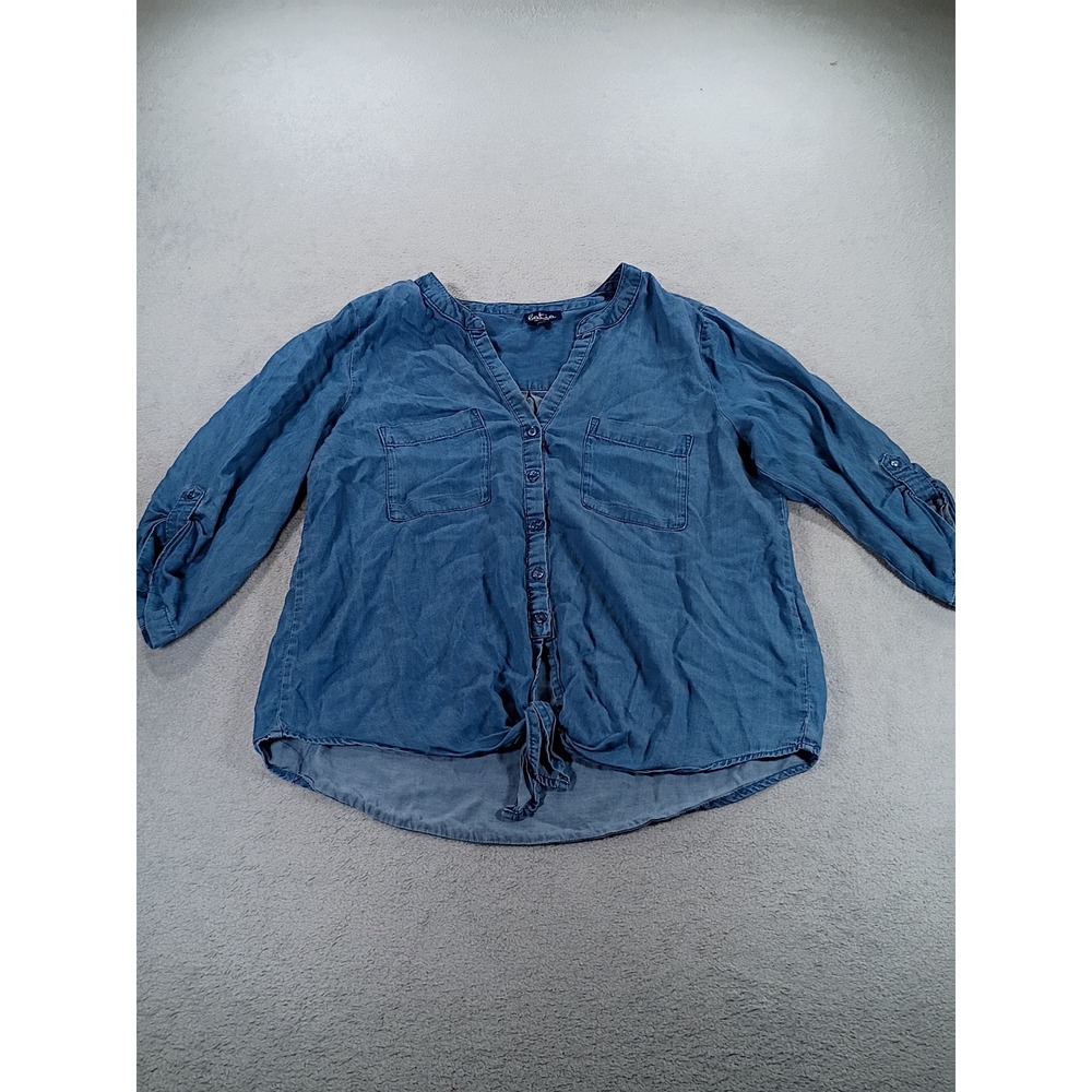 Batia New York Women Top Blue L Chambray Tie Front Roll Tab Sleeve